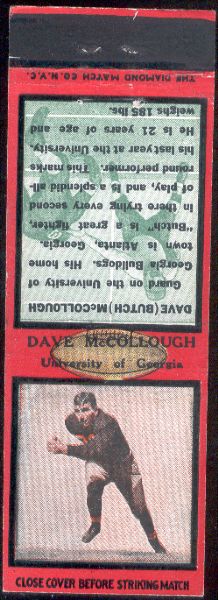 1934 Diamond Matchcover- Football- Dave McCollough, University of Georgia