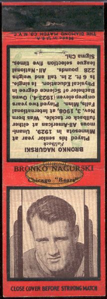 1936 Diamond Matchcover- Football- Bronko Nagurski, Chicago Bears