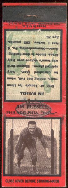 1936 Diamond Matchcover- Football- Jim Russell, Philadelphia Eagles