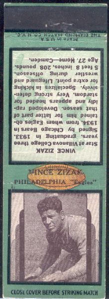 1936 Diamond Matchcover- Football – Vince Zizak, Philadelphia Eagles 