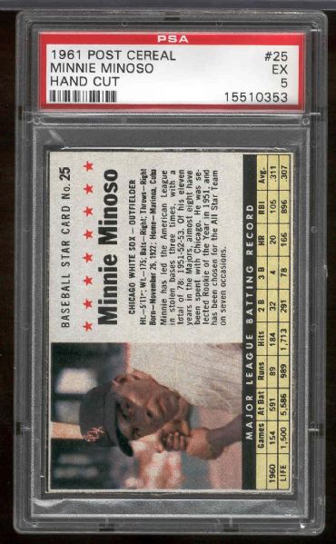 1961 Post Cereal Bb- #25 Minnie Minoso, White Sox- PSA Ex 5