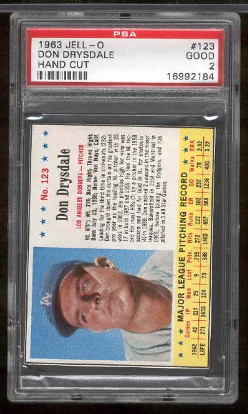 1963 Jello Bb- #123 Don Drysdale, Dodgers-PSA Good 2