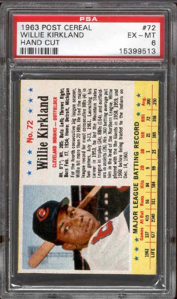 1963 Post Cereal Bb- #72 Willie Kirkland, Indians- PSA Ex-Mt 6(Hand Cut)