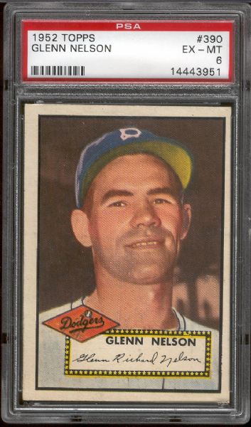 1952 Topps Bb- Hi#- #390 Glenn Nelson, Dodgers- PSA Ex-Mt 6