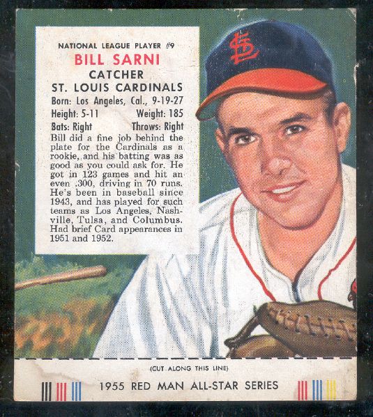 1955 Red Man with Tab- NL #9  Bill Sarni, Cardinals