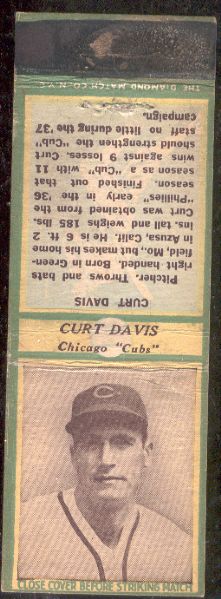 1936/37 Diamond Matchcover Bsbl. - Green- Curt Davis, Cubs