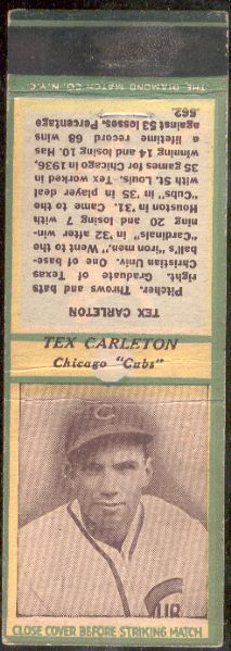 1936/37 Diamond Matchcover Bsbl. - Green- Tex Carleton, Cubs