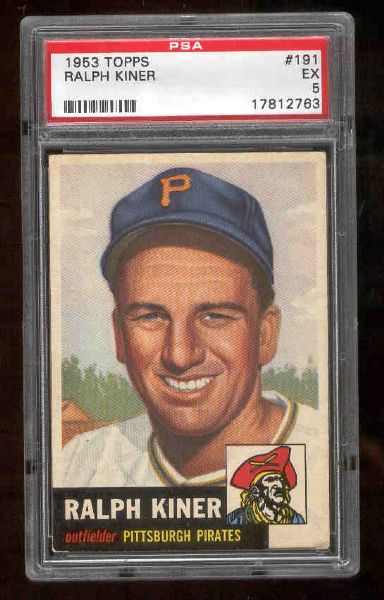 1953 Topps Baseball- #191 Ralph Kiner, Pirates- PSA Ex 5