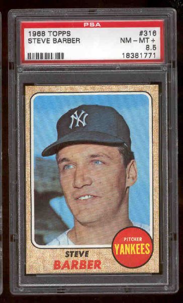 1968 Topps Baseball- #316 Steve Barber, Yankees- PSA Nm-Mt+ 8.5 