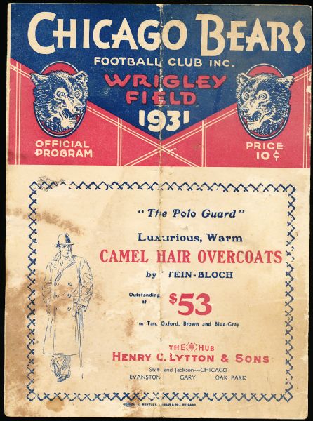 November 1, 1931 – Green Bay Packers @ Chicago Bears Football Program- Foldover Scorecard Style(4 pages)