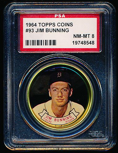 1964 Topps Baseball Coin- #93 Jim Bunning, Tigers- PSA NM-Mt 8 