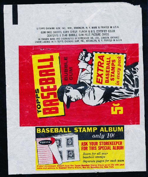 1961 Topps Baseball- 5 Cent Wrapper- “Extra Baseball Stamps” front- Baseball Stamp Album side panel