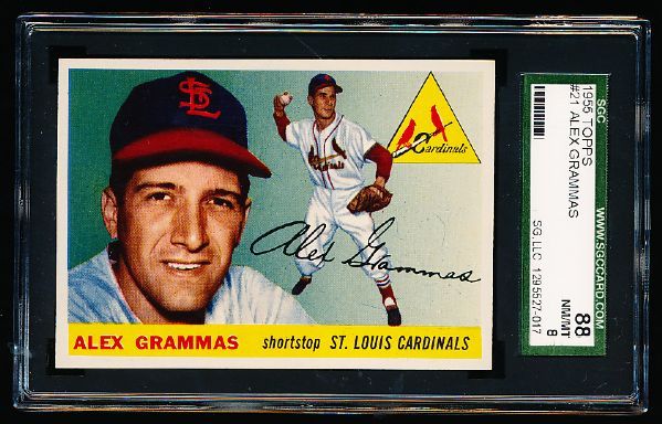 1955 Topps Baseball- #21 Alex Grammas, Cardinals- SGC 88 (Nm/MT 8)