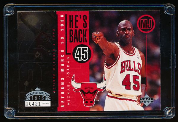 1995 Upper Deck Authenticated Bskbl. “He’s Back- Michael Jordan #45” Commemorative Card- 3 ½” x 5”