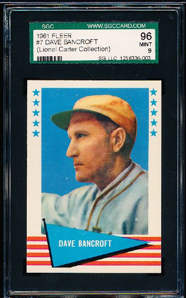 1961 Fleer Baseball Greats- #7 Dave Bancroft- SGC 96 Mint 9- Lionel Carter Collection