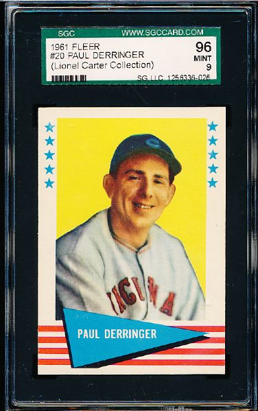 1961 Fleer Baseball Greats- #20 Paul Derringer- SGC 96 Mint 9- Lionel Carter Collection