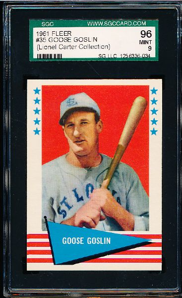 1961 Fleer Baseball Greats- #35 Goose Goslin- SGC 96 Mint 9- Lionel Carter Collection