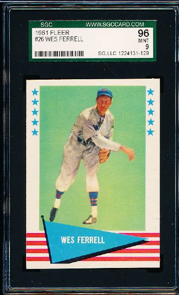 1961 Fleer Baseball Greats- #26 Wes Ferrell- SGC 96 Mint 9 