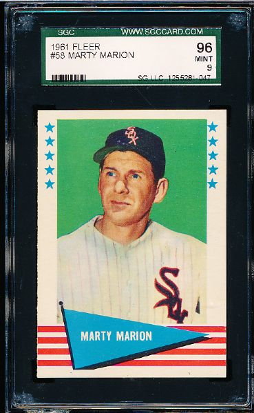 1961 Fleer Baseball Greats- #58 Marty Marion- SGC 96 Mint 9