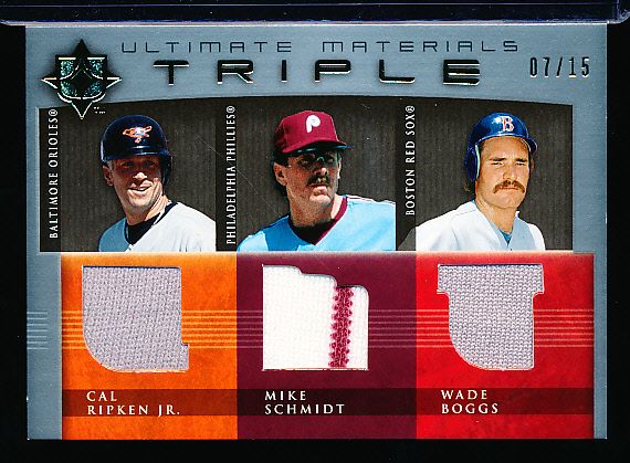 2005 Upper Deck Ultimate Collection Baseball- Ultimate Materials Triple- #UT-RSB Cal Ripken / Mike Schmidt/ Wade Boggs Swatches- #07/15