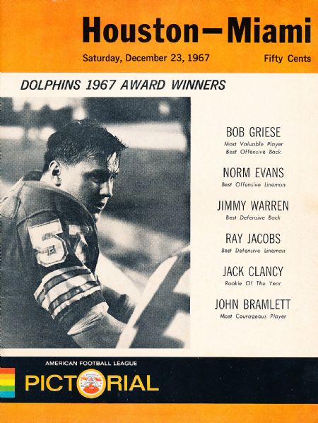 December 23, 1967 Houston Oilers @ Miami Dolphins AFL Program