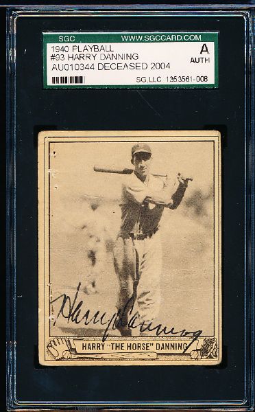 1940 Play Ball Bsbl. #93 Harry Danning, Giants- Autographed- SGC Certified/ Slabbed