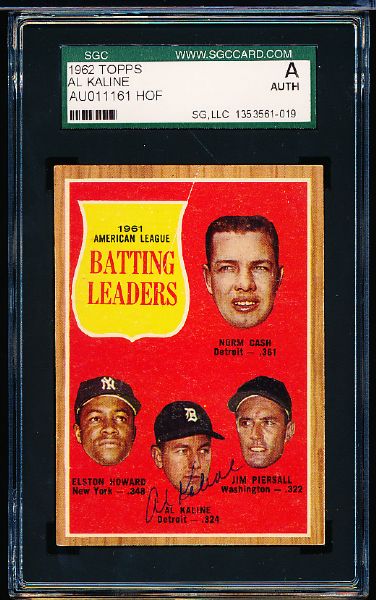 1962 Topps Bsbl. #51 AL Batting Leaders (Cash, E. Howard, Kaline, Piersall)- Autographed by Kaline only- SGC Certified/ Slabbed