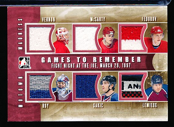 2013 In the Game Motown Madness Series- Red Version- “Games to Remember Six Piece Memorabilia Card”- Red Wings vs. Avs. 3/28/97