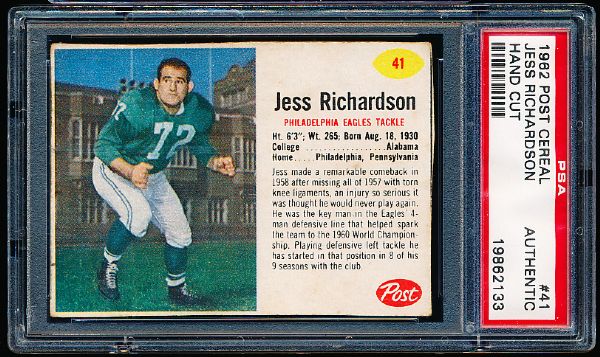 1962 Post Cereal Fb- #41 Jess Richardson- PSA Authentic- SP