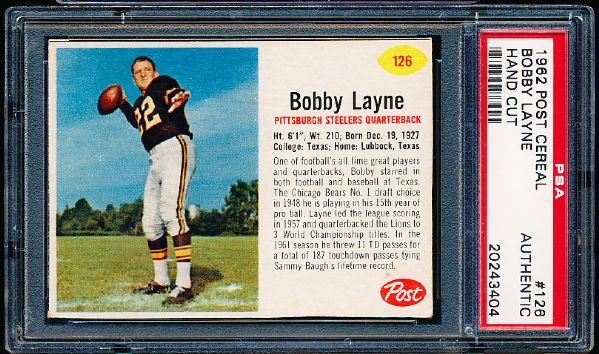 1962 Post Cereal Fb- #126 Bobby Layne- PSA Authentic- SP! 