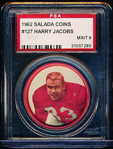 1962 Salada Football Coin- #127 Harry Jacobs, Patriots- PSA Mint 9 