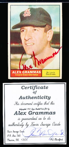 1961 Topps Bsbl. #64 Alex Grammas, Cardinals- Autographed