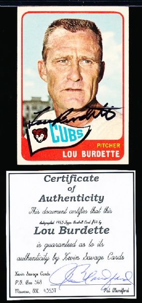 1965 Topps Bsbl. #64 Lou Burdette, Cubs- Autographed