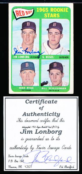 1965 Topps Bsbl. #573 Red Sox Rookie Stars (Lonborg RC/ G. Moses/ M. Ryan/ Schlesinger)- Autographed by Lonborg!