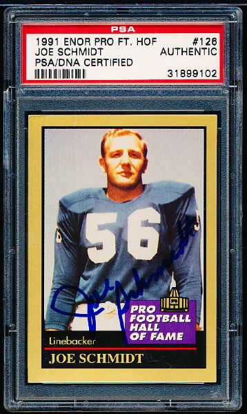 1991 Enor Pro FB HOF #126 Joe Schmidt- Autographed- PSA/DNA Certified/ Slabbed