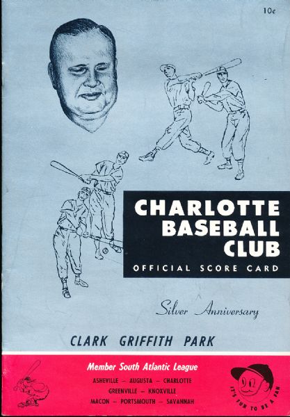 1962 Charlotte Hornets Baseball Program- Unscored vs. unspecified opponent- at Clark Griffith Park.