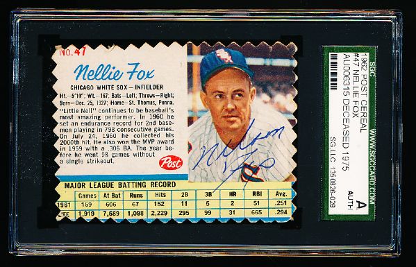 1962 Post Cereal Bb- # 47 Nellie Fox, White Sox- Autographed SGC Holdered “Authentic”. 