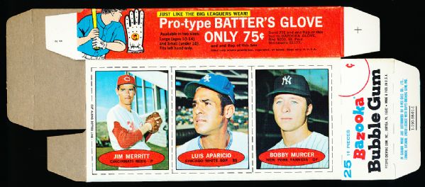 1971 Bazooka Baseball Empty Flat Box- with 3 Card Panel- Jim Merritt/ Luis Aparicio/ Bobby Murcer (Unnumbered Version)