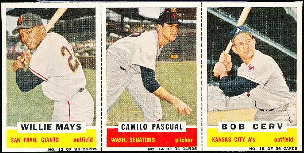 1960 Bazooka Baseball- 3 Card Panel- #13 Willie Mays/#14 Pascual/ #15 Cerv