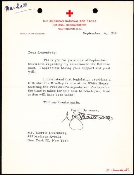 September 16, 1950 George C. Marshall Typed Letter Autographed on American Red Cross Letterhead