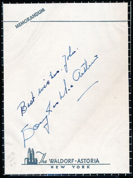 Douglas MacArthur Autographed Waldorf-Astoria Stationary Piece