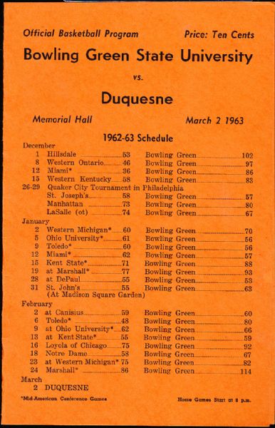 March 2, 1963 Duquesne @ Bowling Green College Bskbl. Program