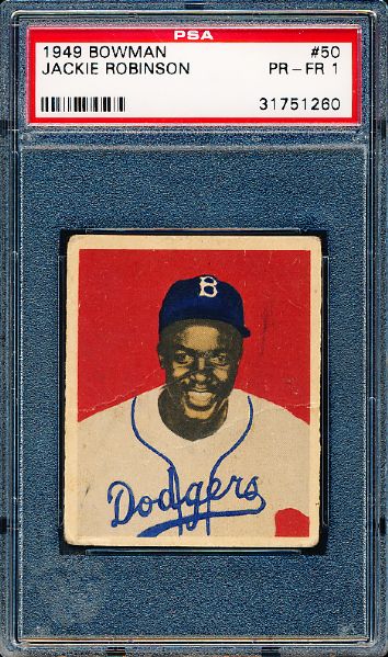 1949 Bowman Baseball- #50 Jackie Robinson, Dodgers- PSA PR-FR 1- Rookie! 