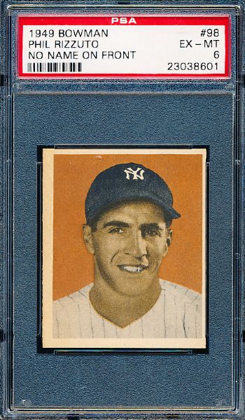 1949 Bowman Baseball- #98 Phil Rizzuto, Yankees (No Name on Front)- PSA Ex-Mt 6 