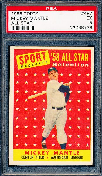 1958 Topps Baseball- #487 Mickey Mantle All Star- PSA Ex 5