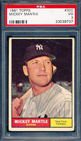 1961 Topps Baseball- #300 Mickey Mantle, Yankees- PSA Vg 3