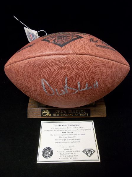 Drew Bledsoe Autographed Wilson 75th Anniversary NFL Leather Football (Paul Tagliabue Commissioner- Score Board COA