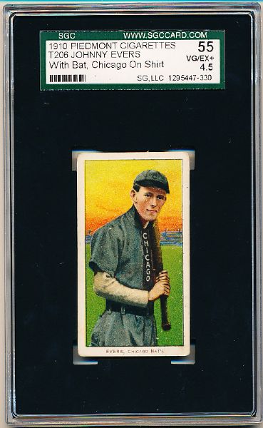 1909-11 T206 Baseball- Johnny Evers, Chicago- With Bat, Chicago on Shirt- SGC 55 (Vg-Ex + 4.5)-Piedmont 150 back(factory 25)