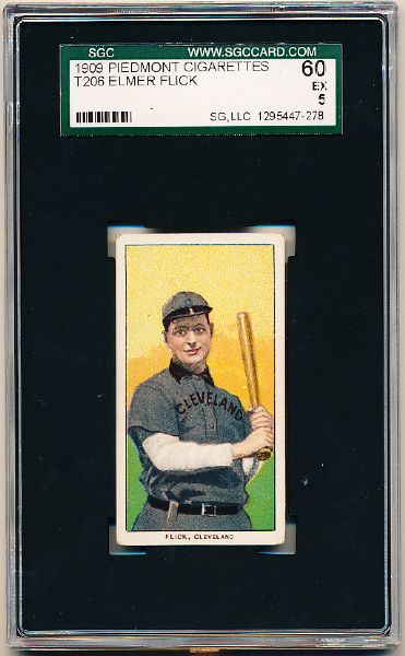 1909-11 T206 Baseball- Elmer Flick, Cleveland- SGC 60 (Ex 5)- Piedmont 150 back(factory 25)