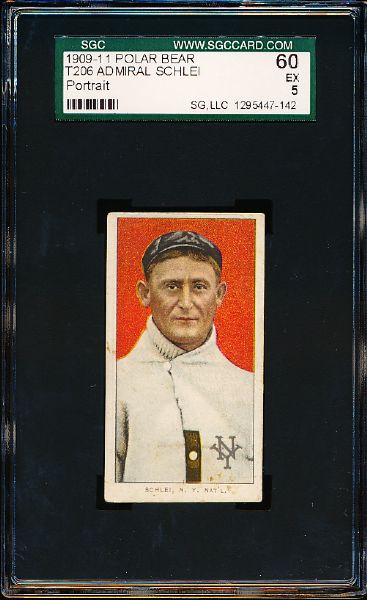 1909-11 T206 Baseball- Admiral Schlei, N.Y. Natl- SGC 60 (Ex 5)- Portrait Pose- Polar bear back